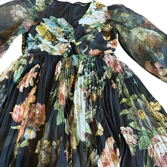 Pankaj & Nidhi Anthro Chiffon Floral Print Dress Long Sleeve Pleated Size Medium - Picture 7 of 16